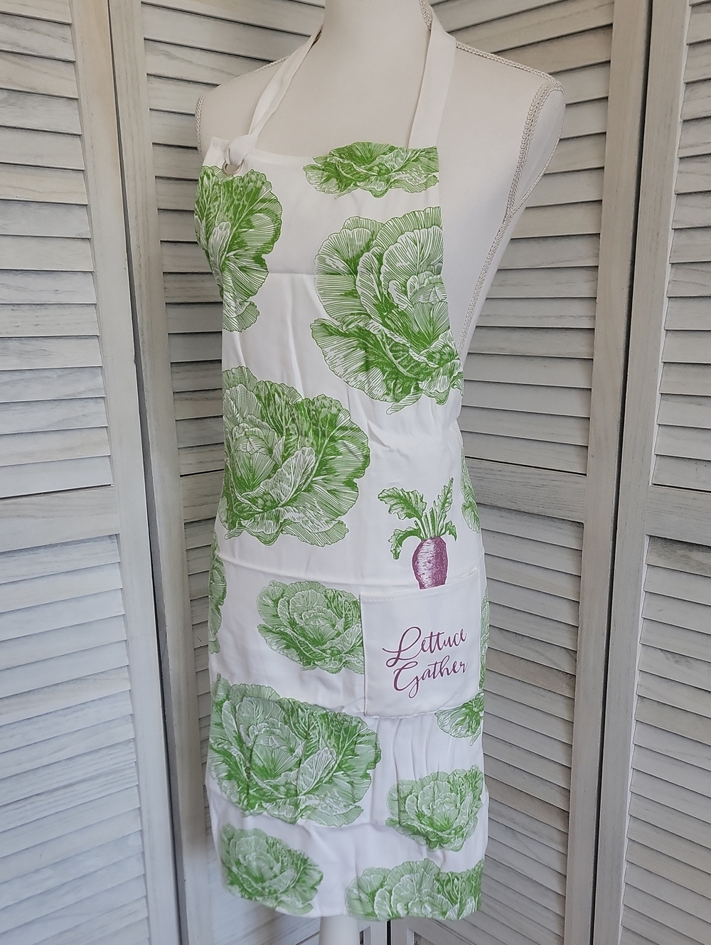 White Garden Inspired Kitchen Apron with Green Lettuce Print - "Lettuce Gather"
